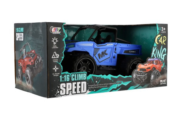 Auto RC buggy pick-up terénne modré 22cm plast 27MHz na batérie so svetlom v krabici 30x14x16cm