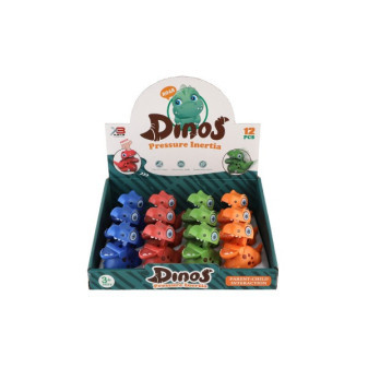 Dinosaurus Stlač a choď plast 9cm na zotrvačník 4 farby 12 ks v boxe