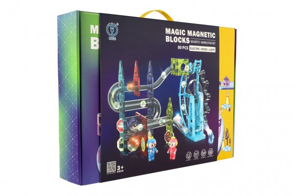 Guličková dráha magnetická plast 80ks 16 guličiek + doplnky na batérie so svetlom v krabici 47x35