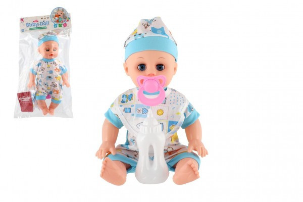 Bábika bábätko plast 32cm pevné telo pijúce, cikajúce na batérie so zvukom s doplnkami v sáčku