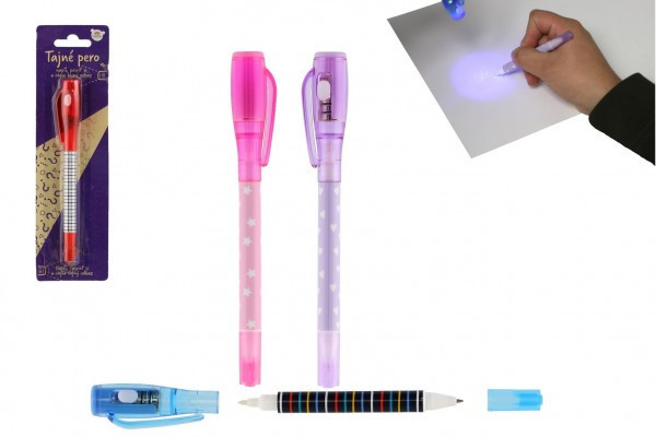 Tajné pero s neviditeľným atramentom a ÚV svetlom + pera plast 15cm na batérie 4 farby na kar