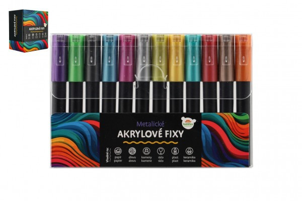 Fixy akrylové metalické 12ks aj na keramiku, sklo, kamene, hrot 4mm v blistri 18,5x12cm