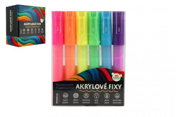 Fixy akrylové fluorescenčné 6ks aj na keramiku, sklo, kamene v blistri 9x12cm