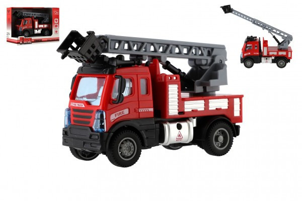 Auto hasiči s rebríkom plast 13cm na spätné natiahnutie v krabičke 17x12x8cm