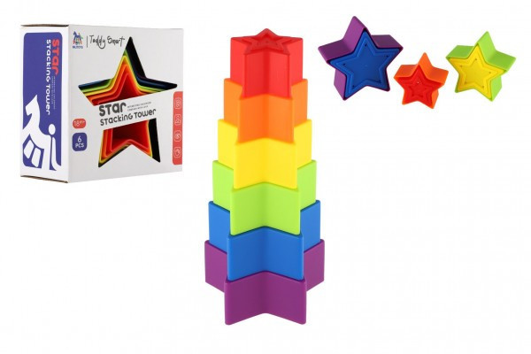 Veža/Pyramída hviezda farebná stohovacia skladačka 6ks plast v krabičke 12x12x6, 5cm 18m+