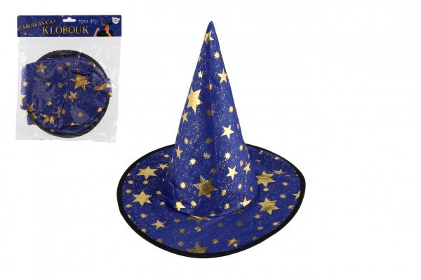 Klobúk čarodejnícky pre deti priemer 38cm modro-zlatý v sáčku karneval