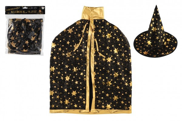 Klobúk čarodejnícky + plášť pre deti priemer 38cm čierno-zlatý v sáčku karneval