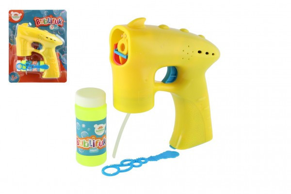 Bublifuk pištoľ žltá plast 13cm + 1 náplň na batérie na karte