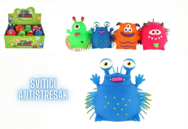 Loptička príšerka antistresový mačkací silikón 11cm na batérie so svetlom 4 druhy v sáčku