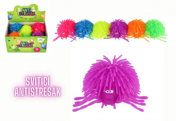 Loptička pavúk antistresový mačkací silikón 10cm na batérie so svetlom 6 farieb v sáčku