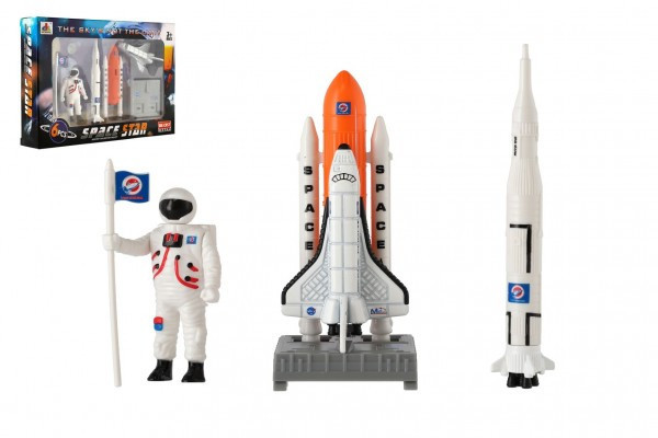 Súprava vesmír 6ks kov/plast astronaut, raketoplán s doplnkami v krabičke 25x17x4, 5cm