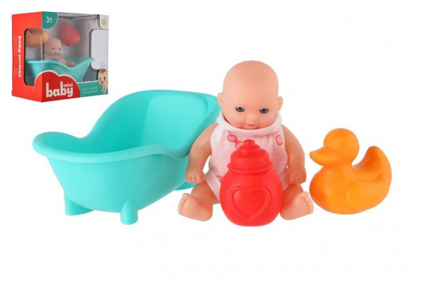 Bábika 10cm pevné telo plast s vaničkou s doplnkami v krabičke 16x15x10cm