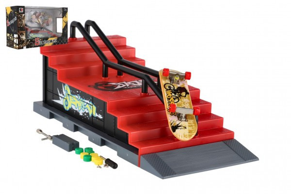Skatepark - skateboard prstový skrutkovací s rampou plast 8cm s doplnkami mix druhov v krabici 28x18
