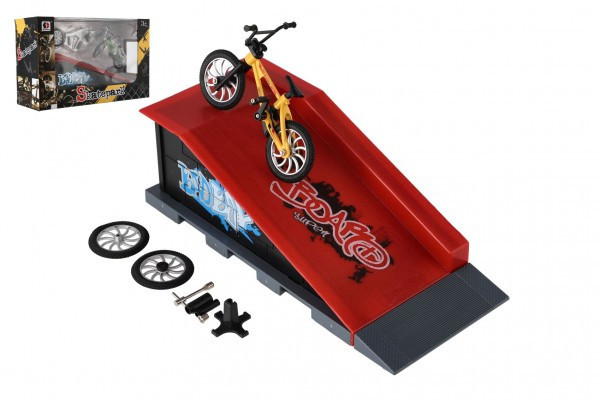 Skatepark - bicykel prstový skrutkovací s rampou plast 10cm s doplnkami 3 farby v krabici 28x18x11cm