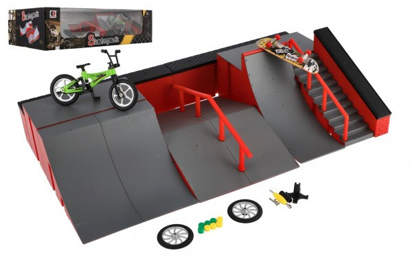 Skatepark - rampy, koleso prstové, skateboard prstový plast s doplnkami 2 farby v krabici 43x25x12cm