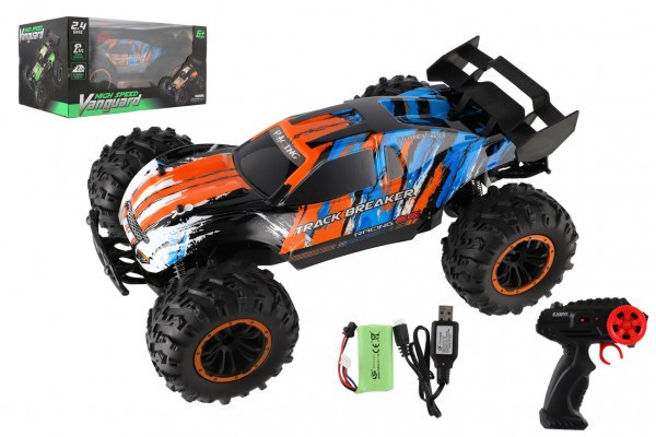 Auto RC Buggy rýchlostný 2,4 GHz plast 40cm dobíjací pack+batérie oranžové-modré v krabici 42x21x