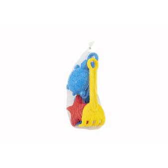 Súprava na piesok plast lopatka, hrabličky, 3ks bábovky 3 farby v sieťke 10x24x9cm 12m+