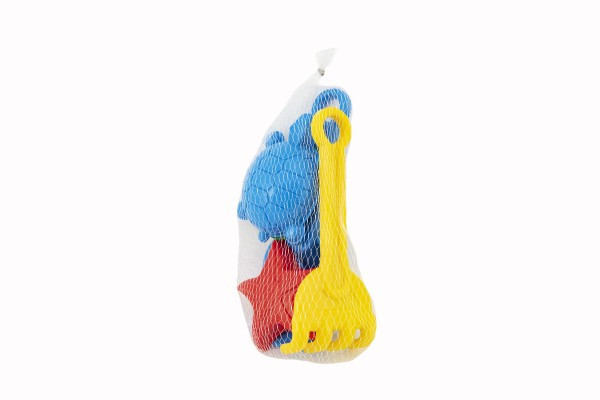 Súprava na piesok plast lopatka, hrabličky, 3ks bábovky 3 farby v sieťke 10x24x9cm 12m+