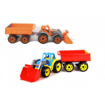 Traktor/nakladač/bager s vlekom s lyžicou plast na voľný chod 2 farby v sieťke 16x61x16cm