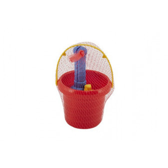 Sada na piesok 5ks plast vedro, lopatka, hrabličky, bábovka 2ks 3 farby v sieťke11x18x11cm 12m+
