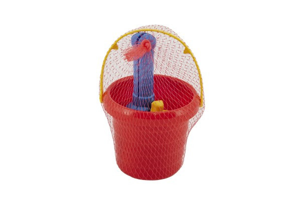 Sada na piesok 5ks plast vedro, lopatka, hrabličky, bábovka 2ks 3 farby v sieťke11x18x11cm 12m+