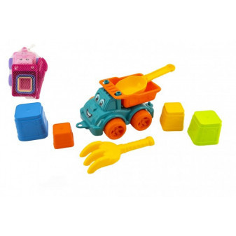 Súprava na piesok 6ks plast auto na voľný chod s doplnkami 2 farby v sieťke 16x13x21cm 12m+