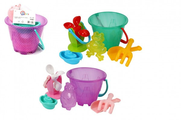 Sada na piesok ak vode plast vedierko, mlynček s doplnkami v sieťke 20x19cm