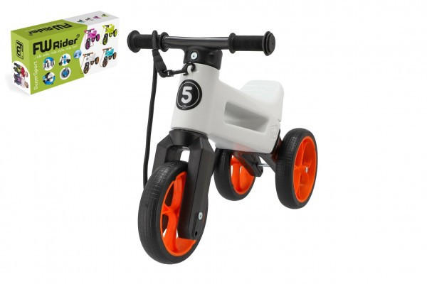 Odrážadlo FUNNY WHEELS Rider SuperSport biele/oranžová 2v1+popruh,výš.sedla28/30cm nos.25kg 18m+v Kr