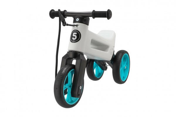 Odrážadlo FUNNY WHEELS Rider SuperSport biele/tyrkys 2v1+popruh,výš.sedlá28/30cm nos.25kg 18m+vs