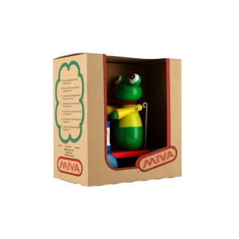 Žaba s bubnom farebná drevo ťahacia 19cm v krabici 20x21x12cm