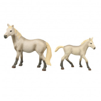 Súprava koňa 2 ks s ohradou šedý s bielou hrivou