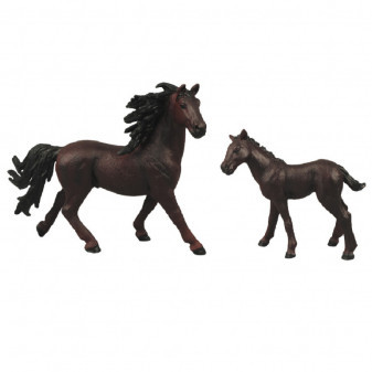 Súprava koňa 2 ks s ohradou tmavo hnedý s čiernou hrivou