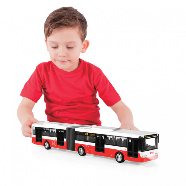 Kĺbový autobus ktorý hlási zastávky česky 36 cm červený