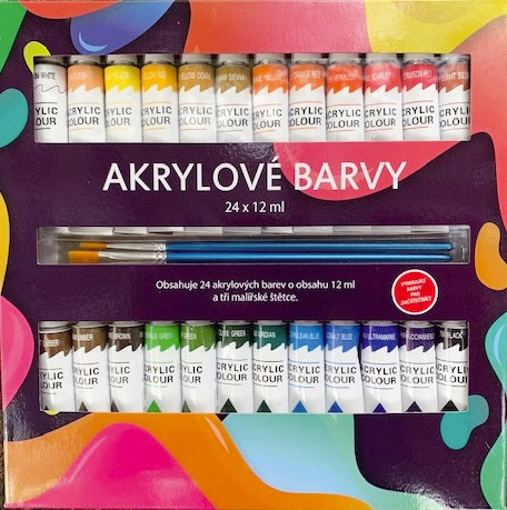 Akrylové barvy 24x12ml se štětcemi 3ks i na keramiku,sklo,kameny v krabičce 22x22x2cm