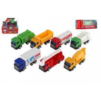 Auto nákladné Welly Scania kov/plast 7,5cm 6 druhov v krabičke 10,5x4x4cm 36ks v boxe