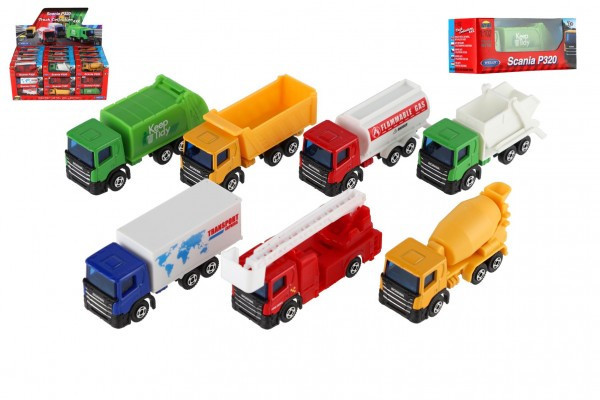 Auto nákladné Welly Scania kov/plast 7,5cm 6 druhov v krabičke 10,5x4x4cm 36ks v boxe