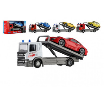 Auto odťahovka Welly Scania P320 + auto kov/plast 15cm mix druhov v krabičke 18,5 x10x6cm