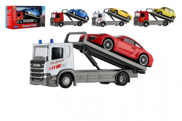 Auto odťahovka Welly Scania P320 + auto kov/plast 15cm mix druhov v krabičke 18,5 x10x6cm