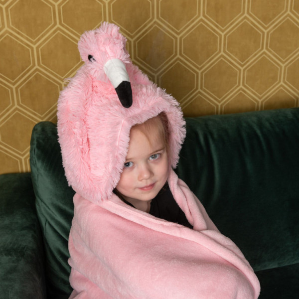 Cozy Noxxiez BL816 Plameniak - hrejivá deka s kapucňou so zvieratkom a labkovými vreckami