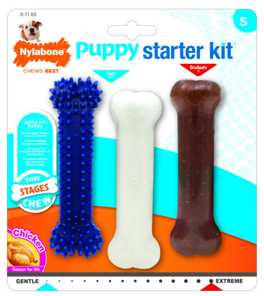 Nylabone hračka Puppy Starter Kit kosť príchuť kura S 3ks