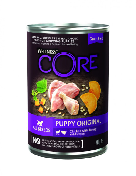 Konzerva Wellness Core Dog 95% Proteín Puppy kura, morka a tekvica 400g