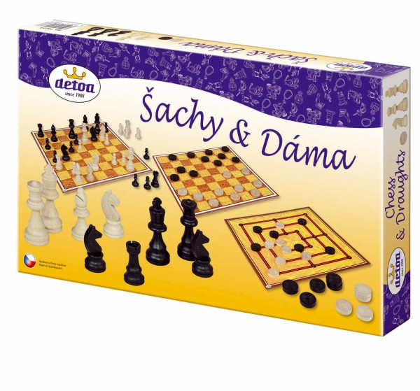 Šach, dáma, mlyn drevené figúrky a kamene spoločenská hra v krabici 35x23x4cm