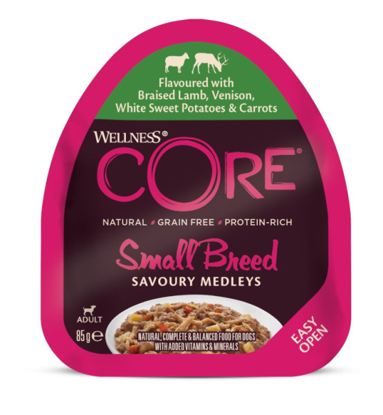 Konzerva Wellness Core Dog Savoury Medleys Adult Small jahňa, teľacie, batáta a mrkva 85g