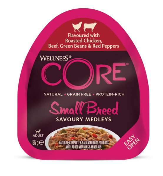 Konzerva Wellness Core Dog Savoury Medleys Adult Small kura, hovädzie, fazuľa a paprika 85g