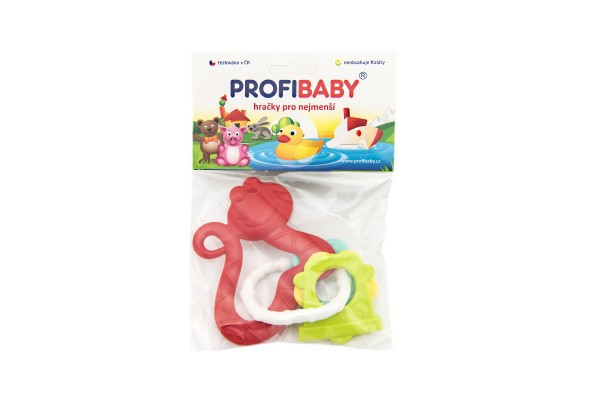 Gumové hryzátko + prívesky 12cm 5 druhy v sáčku 0m+