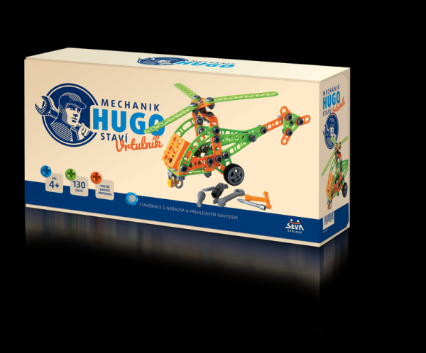 Stavebnica HUGO Vrtuľník s náradím 130ks plast v krabici 31x16x7cm