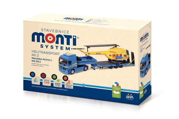 Stavebnice Monti System MS 58.3 Helitransport MI-2 Mercedes Actros L 1:48 v krabici 31,5x21x8cm