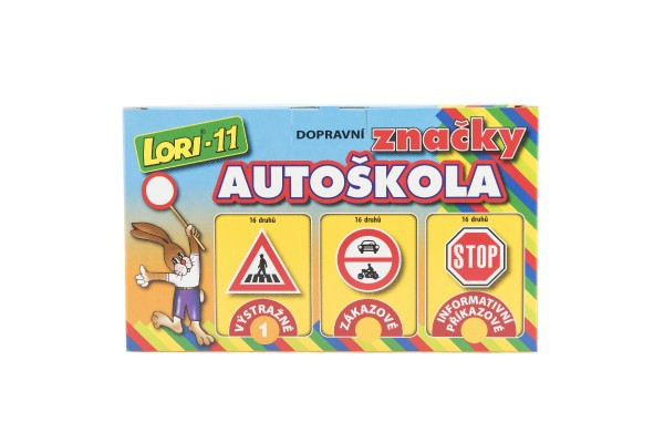 Stavebnica LORI 11 Autoškola Dopravné značky 16ks+2 kužele+auto plast v krabici 22x13x6cm