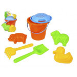 Sada na piesok plast vedro 18x16cm, sitko, lopatka, hrable a formička 12m+