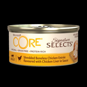 Konzerva Wellness Core Cat Selects Shredded kura s pečeňou v omáčke 79g